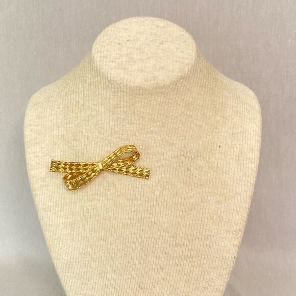 Bow Brooch Gold Tone Woven Wire Ribbon - Picture 1 of 7